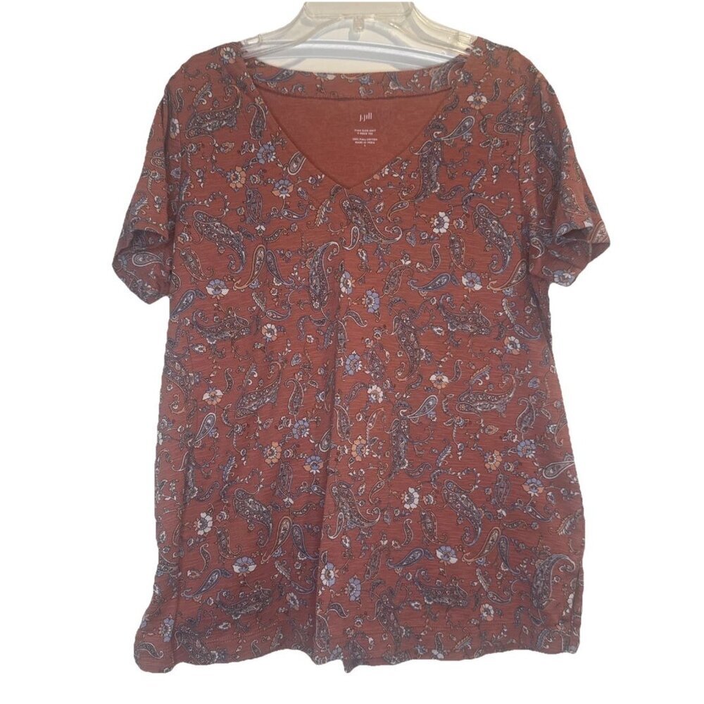 J Jill Top Pink Blue Paisley Pima Slub Knit V Neck Tee Shirt Sz S‎ Casual Travel